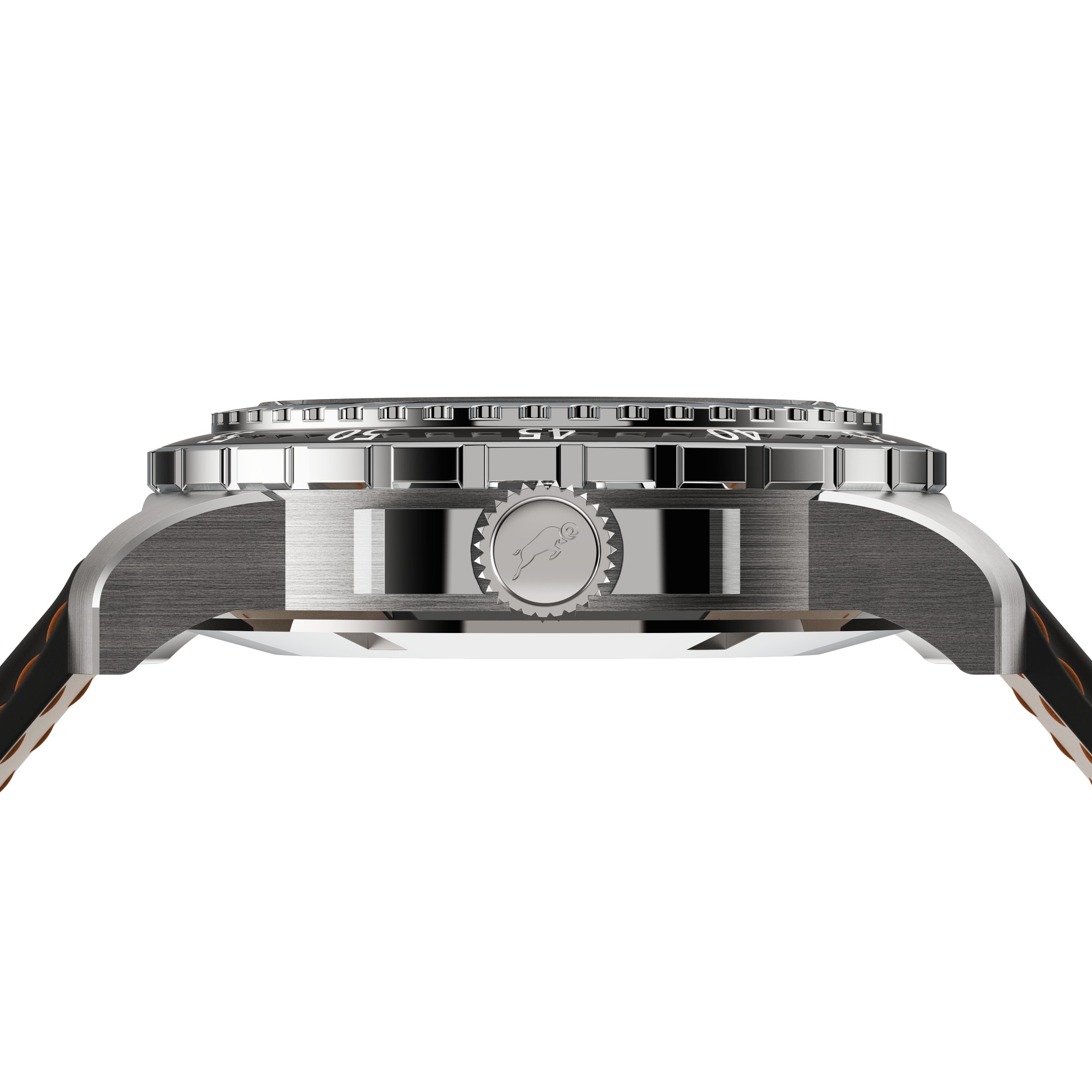 RAM Baran Tourbillon R201TS3/1 Swiss watch side profile showing palladium case thickness, screw-down crown, helium valve, and lug design