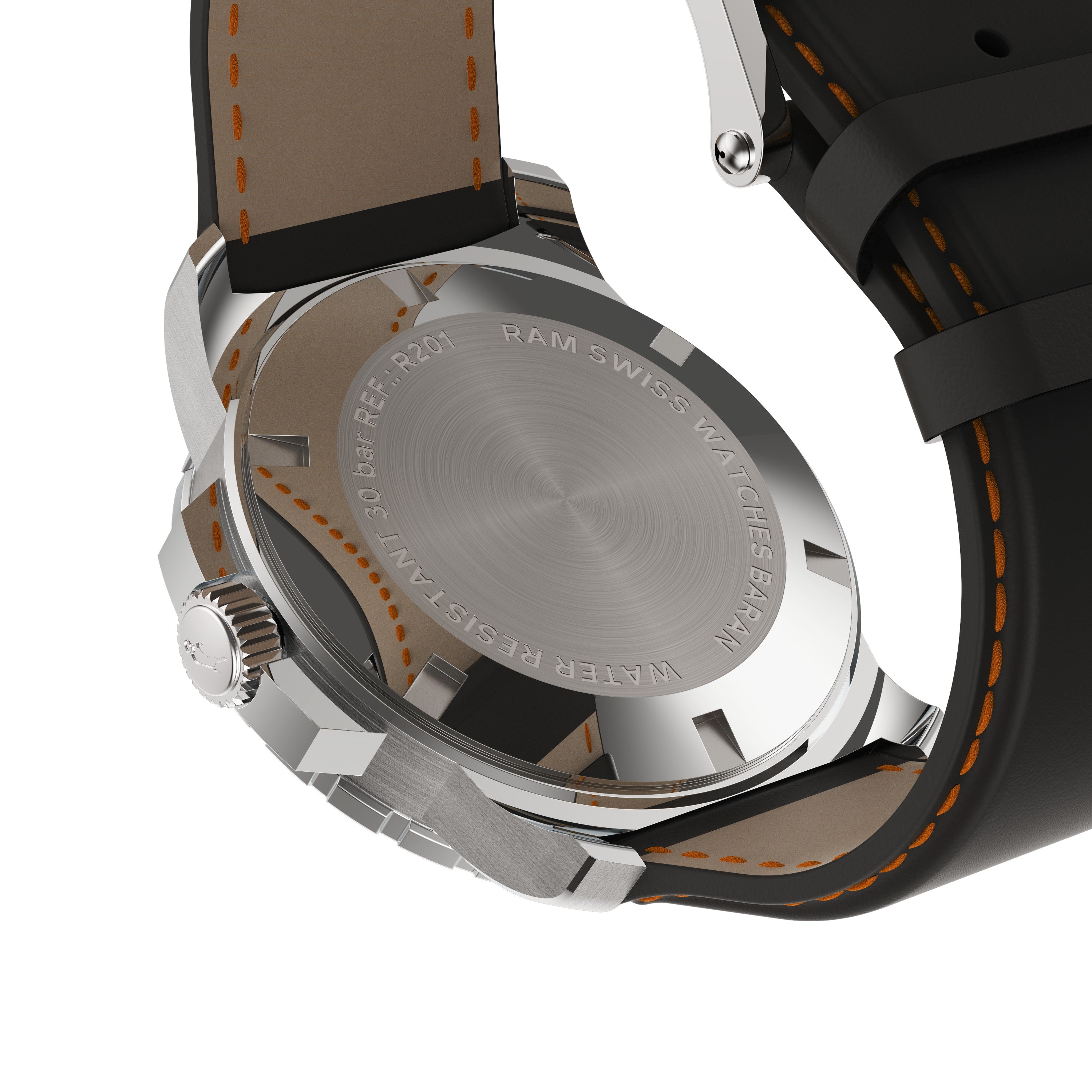 Caseback of RAM Baran Tourbillon R201TS3/1 showing engraved text RAM SWISS WATCHES BARAN, WATER RESISTANT 30 bar, and reference number on palladium coated stainless steel