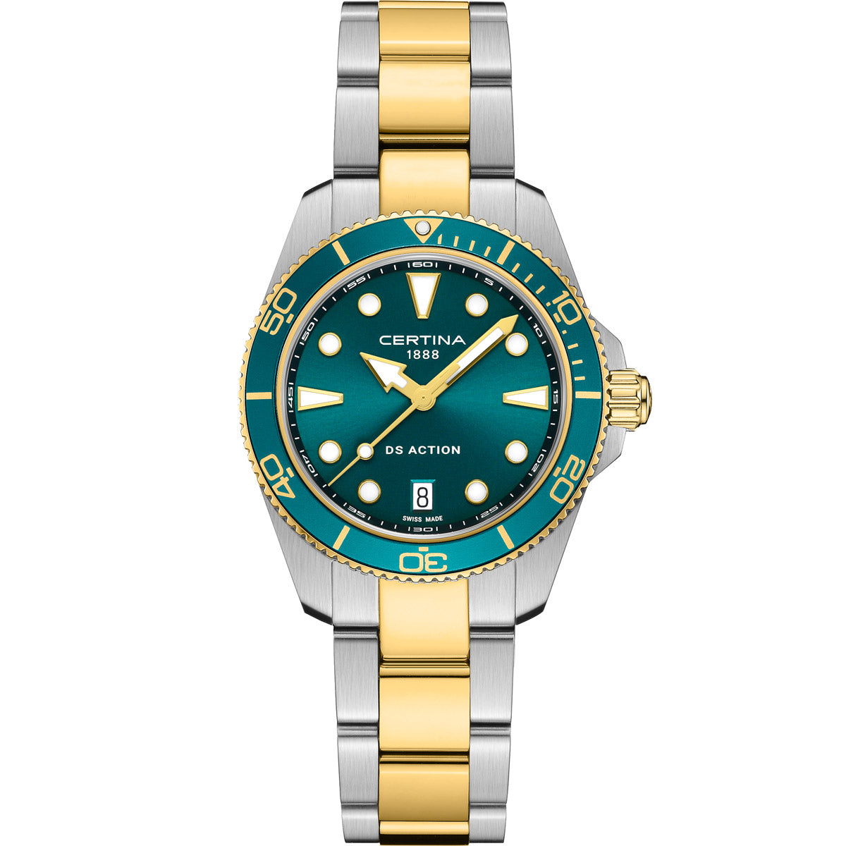 Certina DS Action Lady 34.5 mm – green dial, two-tone stainless steel and gold bracelet, Swiss quartz