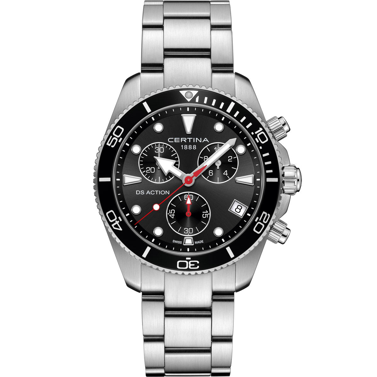 Certina DS Action Chronograph 43 mm – black dial, stainless steel case and bracelet, Swiss quartz chronograph