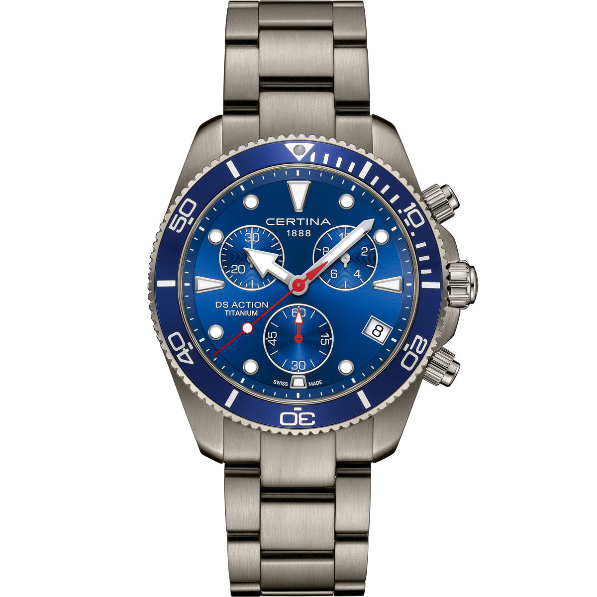 Certina DS Action Chronograph 43 mm – Titanium case, blue dial, stainless steel bracelet, front view
