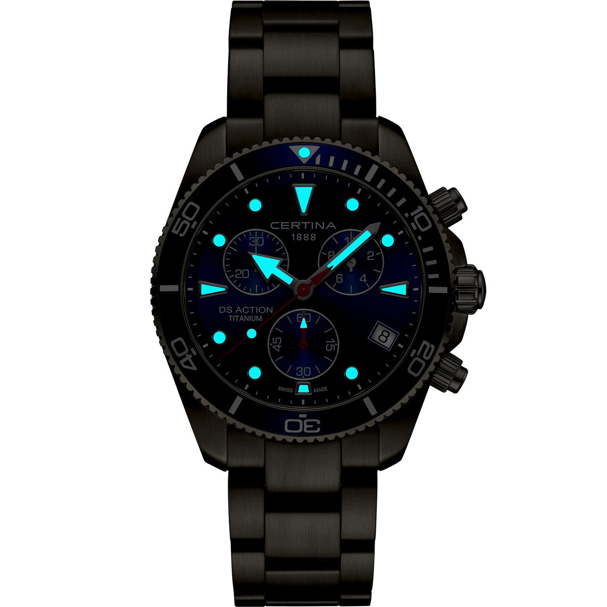 Certina DS Action Chronograph 43 mm – Titanium, blue dial, night shot