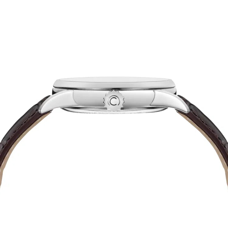 Side view of the Certina DS-1 Powermatic 80 38mm watch, highlighting its slim stainless steel case and gently curved lugs. The ridged, gear-like crown features the Certina 'C' logo and sits flush against the case. The watch has a domed sapphire crystal and a brown leather strap with visible stitching, complementing its elegant design.