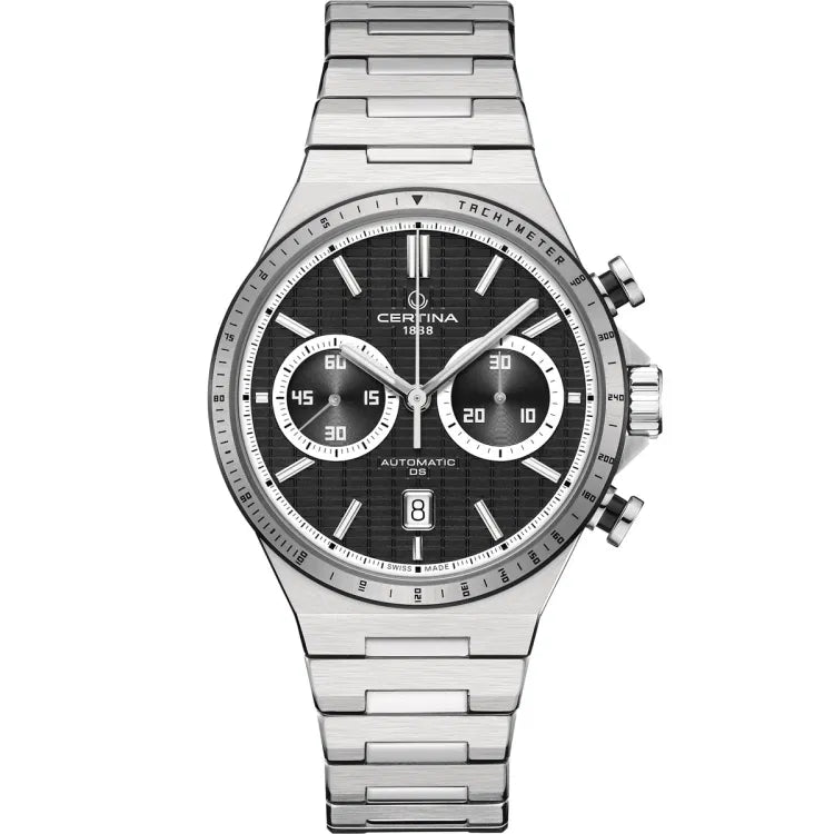 Certina DS-7 Chrono Auto C043.427.21.051.00 with a bold black textured dial, silver-tone chronograph subdials, and luminous hands and indices. The 42 mm PVD-coated stainless steel case is complemented by a tachymeter bezel, scratch-resistant sapphire crystal, and an integrated stainless steel bracelet. The date window at 6 o’clock and red central seconds hand add functionality to the refined design.