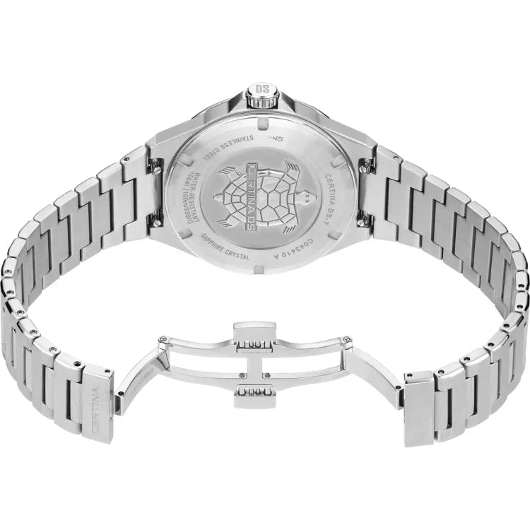 Back view of the Certina DS-7 Quartz watch, showcasing the engraved stainless steel case back with the Certina turtle emblem. The watch features a butterfly clasp with push buttons, ensuring a secure and comfortable fit. Engravings highlight details such as water resistance, sapphire crystal, and stainless steel construction.