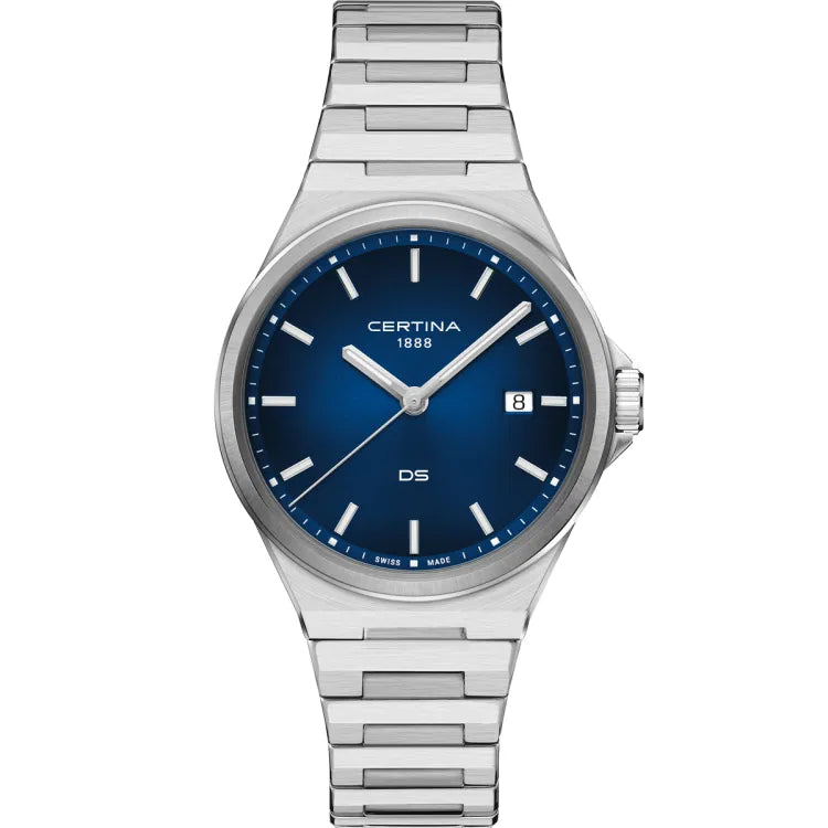 Front view of the Certina DS-7 Quartz watch featuring a deep blue sunray dial with 'Certina 1888' branding below the 12 o’clock position. Silver-tone hands and indices with Super-LumiNova contrast elegantly, while the date display at 3 o’clock adds functionality. The stainless steel case and integrated bracelet complete the sleek, modern design.