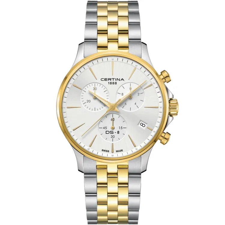 Certina DS-8 Chrono (41 mm) Swiss-made watch with a silver dial, gold-tone bezel, and two-tone stainless steel bracelet. Features chronograph subdials, a date display, and gold-tone pushers and crown. Elegant and precise timepiece with a sophisticated design.