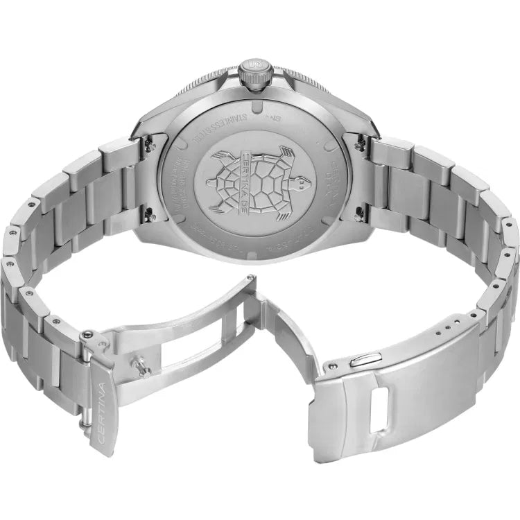 Certina DS-X GMT C047.452.11.081.00 with turtle caseback, 316L stainless steel bracelet, and open folding clasp engraved with Certina logo