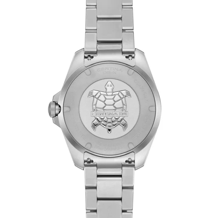 Caseback of Certina DS-X GMT C047.452.11.081.01 with turtle emblem, Certina DS engraving, and 316L stainless steel bracelet
