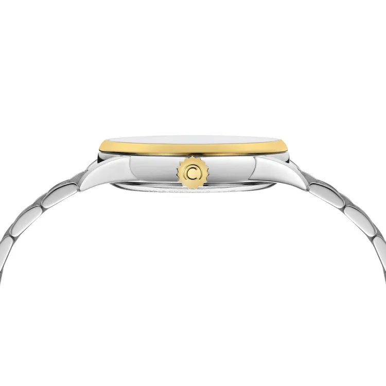 Side view of the Certina DS-1 Powermatic 80 38mm watch, showcasing its slim stainless steel case with a gold-tone bezel. The crown is round with a ridged, gear-like texture for easy grip and features the Certina 'C' logo embossed in gold. The watch’s elegant two-tone design is complemented by smoothly curved bracelet links