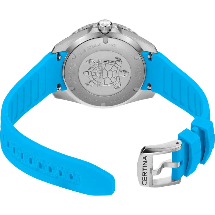 Certina DS-X GMT C047.452.17.011.00 with Swiss Made quartz movement, blue rubber strap, engraved turtle caseback, and Certina-signed buckle.