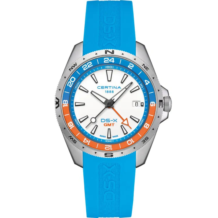 Certina DS-X GMT C047.452.17.011.00 with blue rubber strap, white dial, orange-blue GMT bezel – displays Certina 1888, DS-X GMT, and Swiss Made on dial, luminous hands with Superluminova.