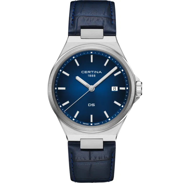 Front view of the Certina DS-7 Quartz watch featuring a deep blue sunray dial with 'Certina 1888' below the 12 o’clock position and 'DS' above the 6 o’clock marker. The stainless steel case contrasts with the dark blue leather strap, which has an alligator-style texture and matching blue stitching. Silver-tone hands and Super-LumiNova-coated indices ensure optimal readability, while the date display at 3 o’clock adds functionality.