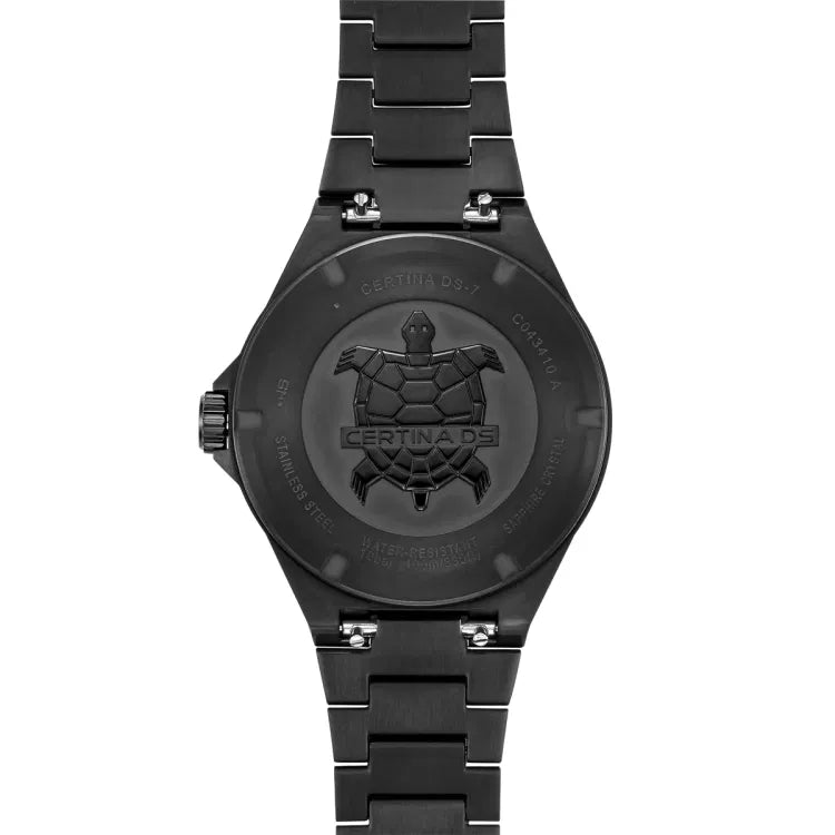 Back view of the Certina DS-7 Quartz watch featuring an all-black PVD-coated stainless steel case and bracelet. The engraved case back displays the Certina turtle emblem along with key specifications, including 'Certina DS-7,' water resistance up to 100 meters (10 bar), and sapphire crystal construction, complementing the sleek monochrome design.