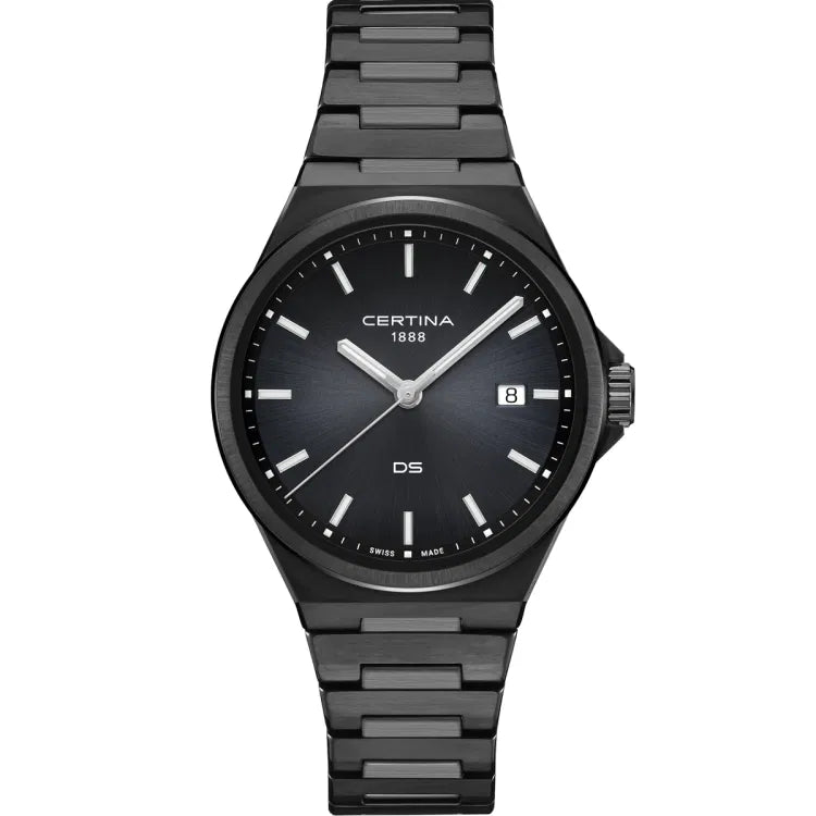 Front view of the Certina DS-7 Quartz watch featuring a black sunray dial with 'Certina 1888' below the 12 o’clock position and 'DS' above the 6 o’clock marker. The black PVD-coated stainless steel case and bracelet enhance its bold, modern design, while silver-tone hands and Super-LumiNova-coated indices ensure optimal readability. The date display at 3 o’clock adds functionality to this sleek timepiece.