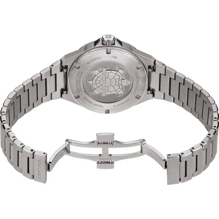 Back view of the Certina DS-7 Quartz watch showcasing the engraved titanium case back with the Certina turtle emblem. The engravings highlight key details such as 'Certina DS-7,' water resistance up to 100 meters (10 bar), sapphire crystal, and titanium construction. The butterfly clasp with push buttons ensures a secure and comfortable fit.