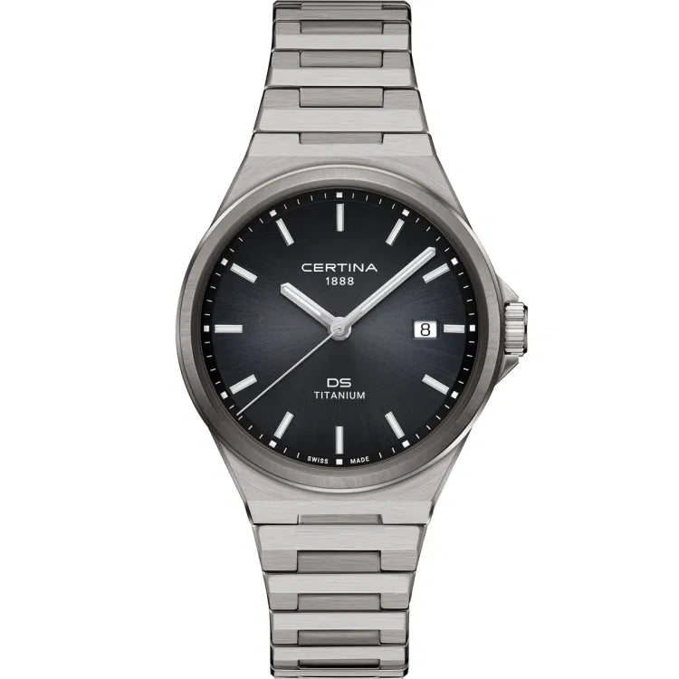 Front view of the Certina DS-7 Quartz watch featuring a black sunray dial with 'Certina 1888' branding below the 12 o’clock position and 'DS TITANIUM' above the 6 o’clock marker. Silver-tone hands, Super-LumiNova-coated indices, and a date display at 3 o’clock enhance readability, while the titanium case and black PVD-coated bracelet complete its sleek, modern design.