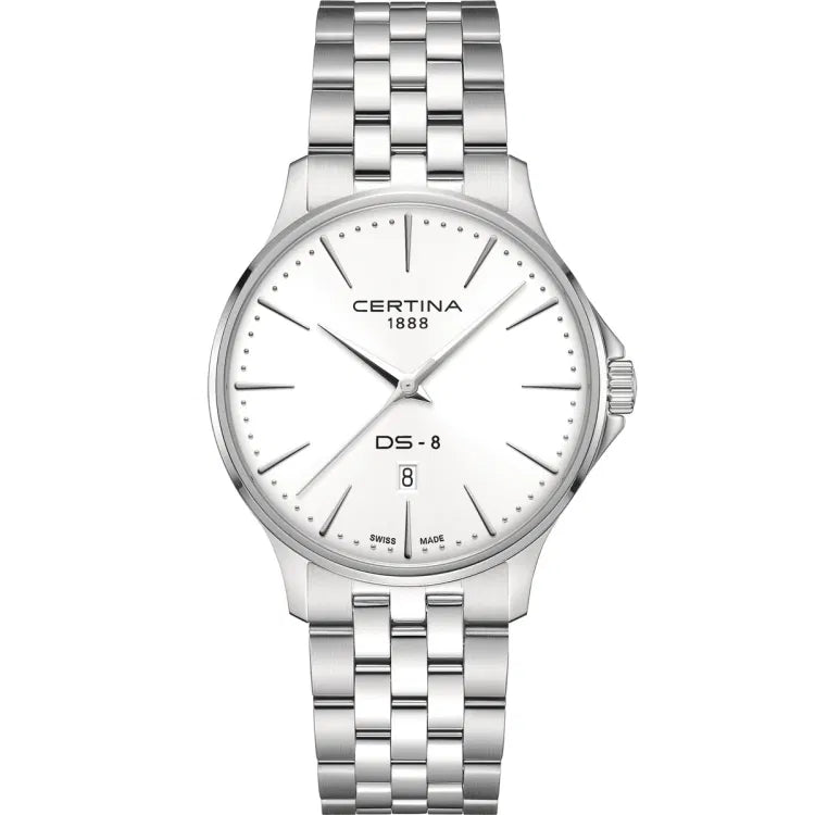 Certina DS-8 Gent (40 mm) wristwatch with a silver-tone stainless steel case and matching bracelet. The watch features a crisp white dial with slim silver-tone hands and hour markers, along with a date display positioned at 6 o’clock. The polished stainless steel finish enhances its refined and minimalist aesthetic, while the Certina 1888 logo is elegantly placed below the 12 o’clock mark. A sophisticated timepiece that blends timeless design with Swiss precision.