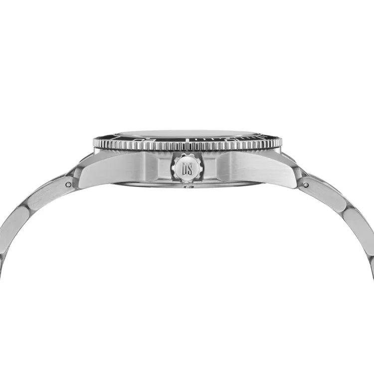 Side view of the Certina DS Action 40mm, highlighting its brushed stainless steel case, screw-down crown engraved with the "DS" logo, and unidirectional bezel with a textured edge for easy grip. The slim profile and integrated stainless steel bracelet enhance its sleek and durable design.