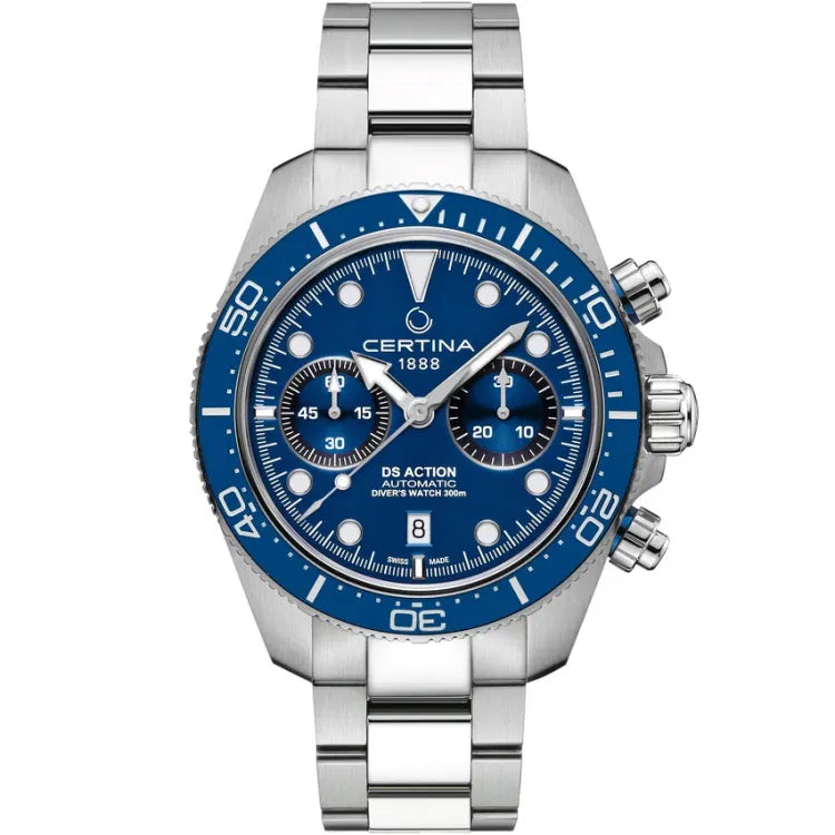 Front view of the Certina DS Action Diver Chrono featuring a blue dial with 'Certina 1888' below the 12 o’clock position and 'DS Action Automatic Diver’s Watch 300m' above the 6 o’clock marker. The stainless steel case is paired with a unidirectional ceramic bezel with a 60-minute scale. Silver-tone hands and Super-LumiNova-coated indices ensure readability, while the chronograph subdials at 9 and 3 o’clock add functionality. A date display is positioned at 6 o’clock. The watch is fitted with a stainless st