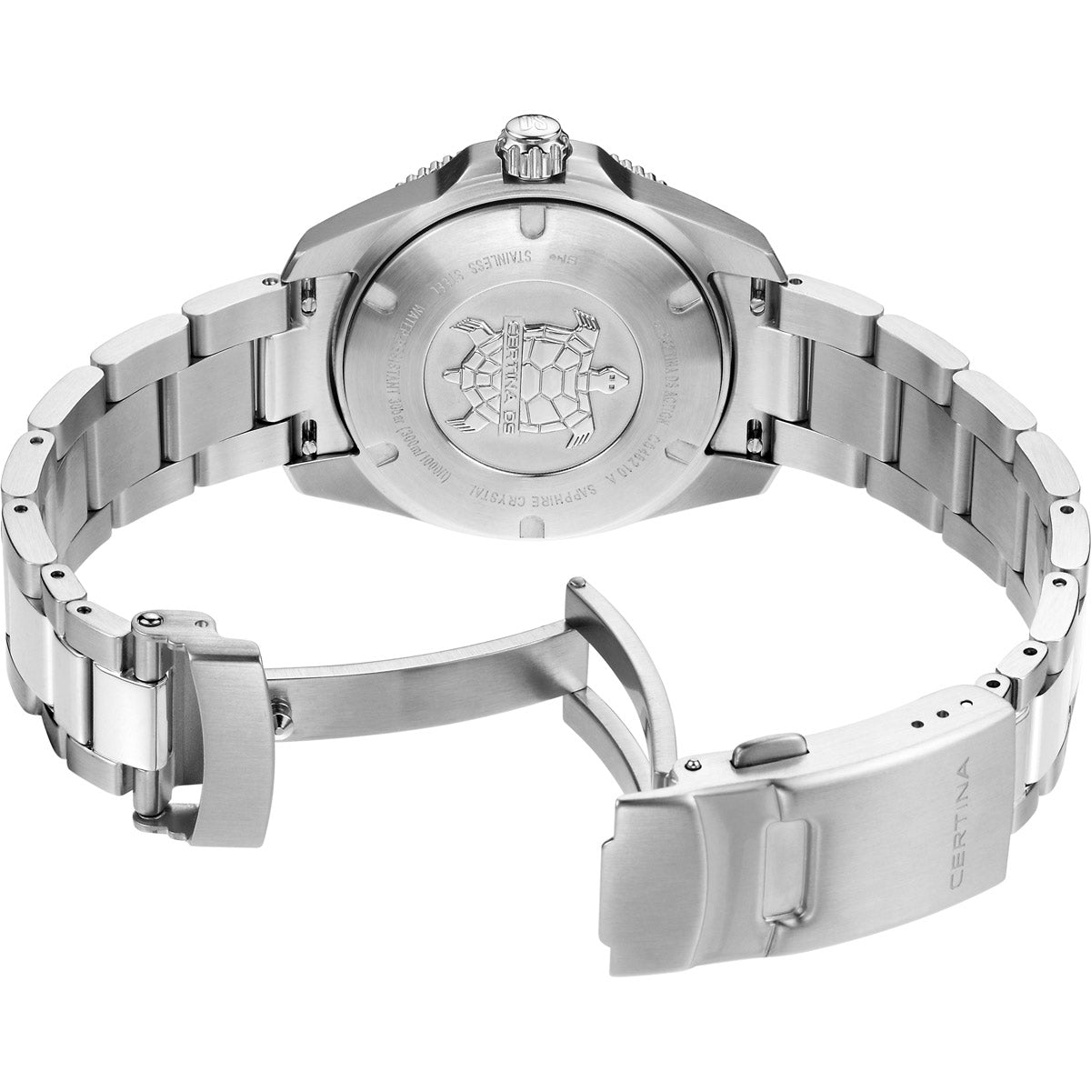 Rear view of the Certina DS Action 34.5mm stainless steel watch, lying on its side with an open folding clasp. The brushed stainless steel case back features an embossed Certina turtle logo, surrounded by engraved details including water resistance (300M), sapphire crystal, and stainless steel material. The screw-down crown and engraved "Certina" branding on the clasp enhance durability and refinement.