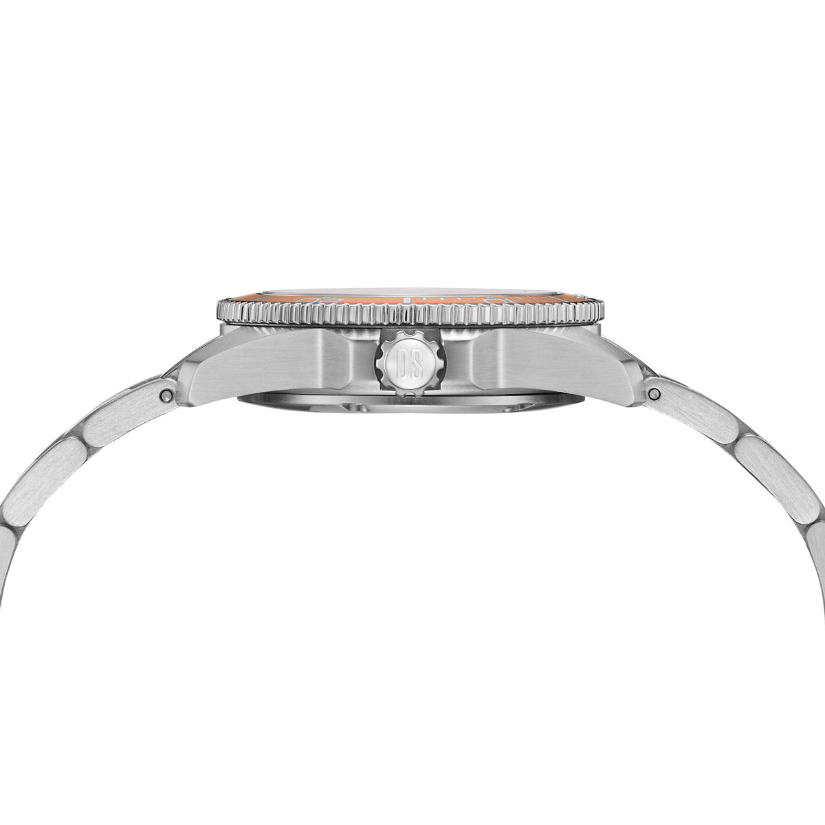 Side profile view of the Certina DS Action 34.5mm stainless steel watch, featuring a brushed stainless steel case, screw-down crown with "DS" engraving, and a textured unidirectional rotating bezel with a salmon aluminum insert. The slightly domed sapphire crystal with anti-reflective coating enhances clarity. The stainless steel bracelet with curved links ensures a seamless fit for durability and comfort.