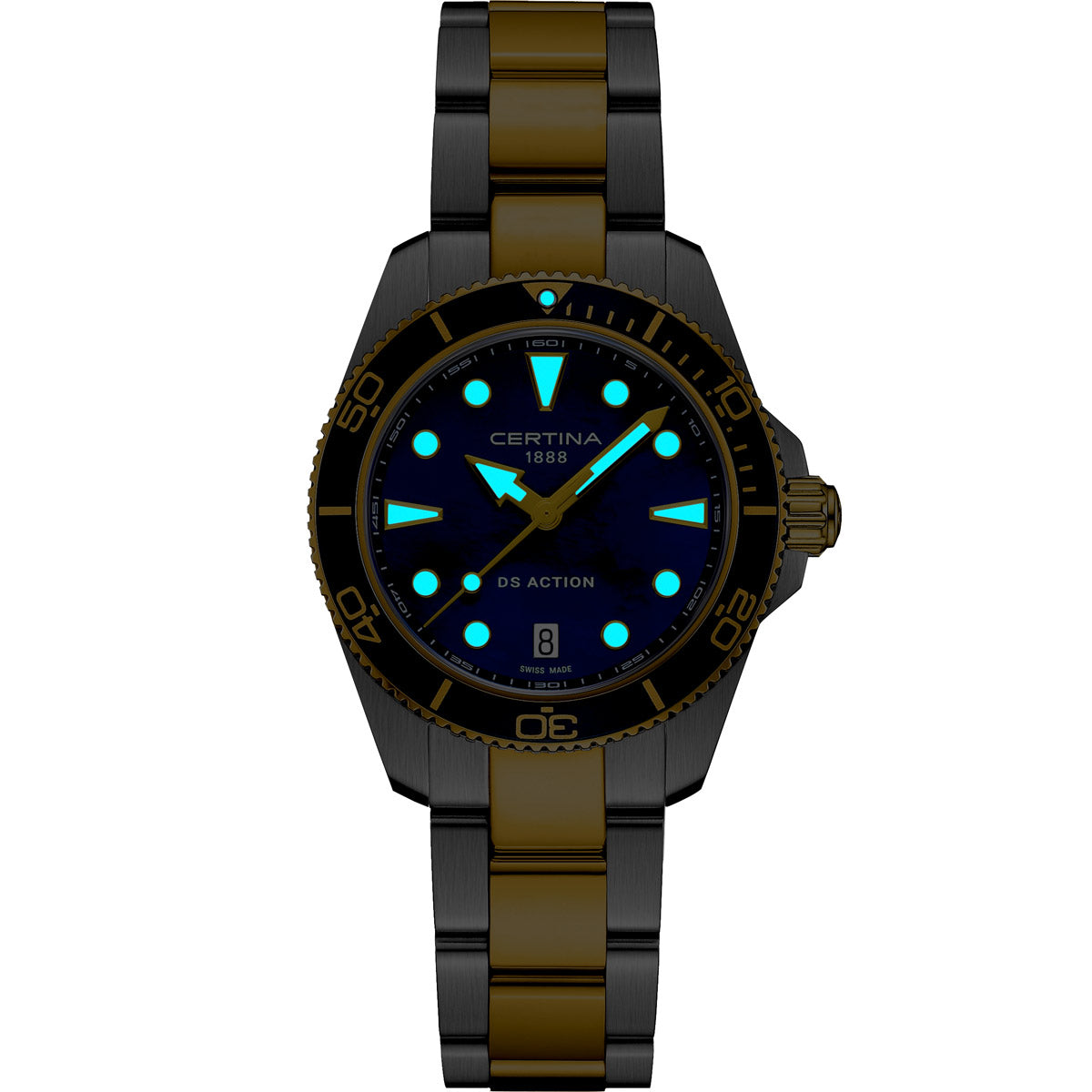 Night view of the Certina DS Action 34.5mm two-tone watch, featuring a deep blue mother-of-pearl dial with Super-LumiNova markers and hands glowing bright blue. The triangle at 12 o’clock and date window at 6 o’clock remain visible. The gold and black aluminum bezel blends into the darkness, while the two-tone stainless steel and gold PVD bracelet subtly reflects light, enhancing the night-glow effect.