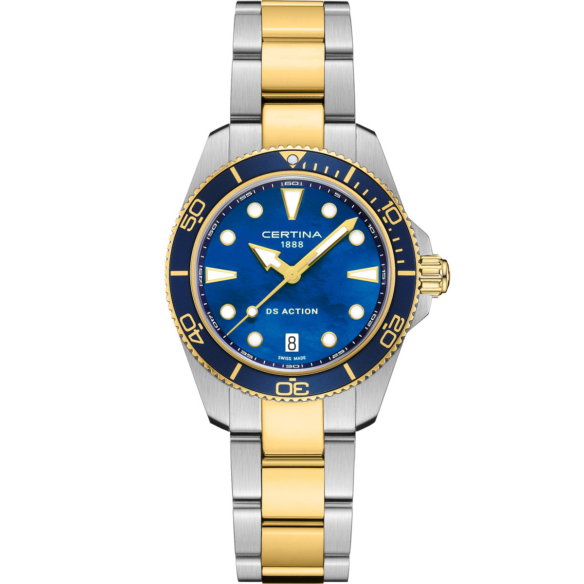 Front-facing view of the Certina DS Action 34.5mm two-tone watch, featuring a deep blue mother-of-pearl dial with gold-tone hands, Super-LumiNova markers, and a triangle at 12 o’clock. The dial includes "Certina 1888" below 12 o’clock, "DS Action" above 6 o’clock, and a date window at 6 o’clock. A blue and gold aluminum bezel pairs with the stainless steel and gold PVD bracelet for a refined look.