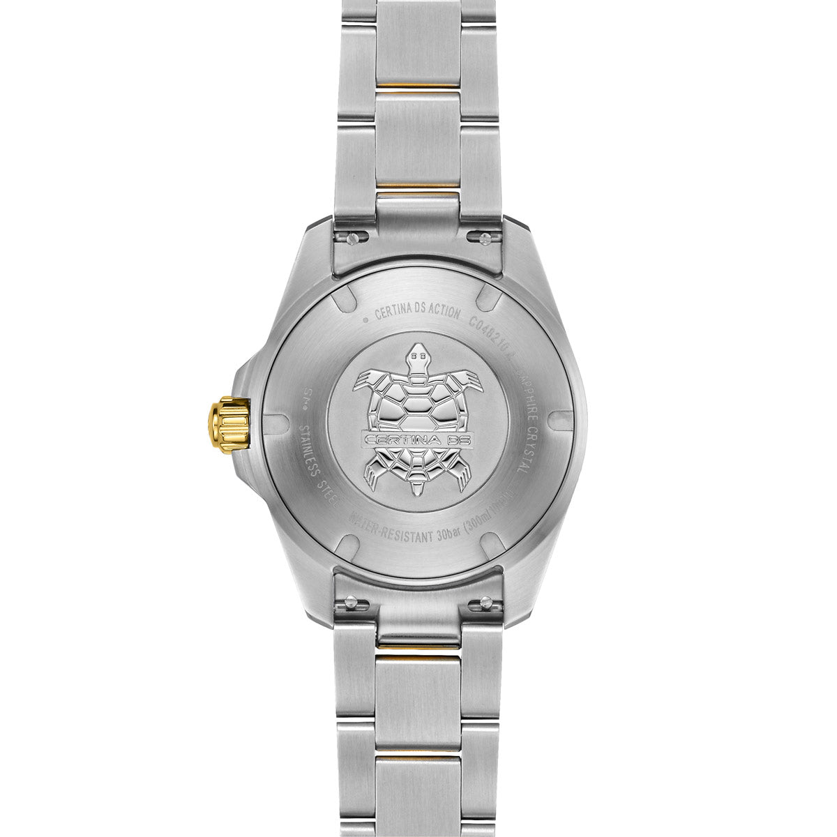 View of the Certina DS Action 34.5mm two-tone watch case back, featuring an embossed Certina turtle logo at the center. Surrounding engravings include "Certina DS Action," "Stainless Steel," "Sapphire Crystal," and "Water-Resistant 300M (30 bar)". The gold PVD screw-down crown contrasts with the brushed stainless steel case, while the two-tone bracelet with gold PVD center links adds elegance.