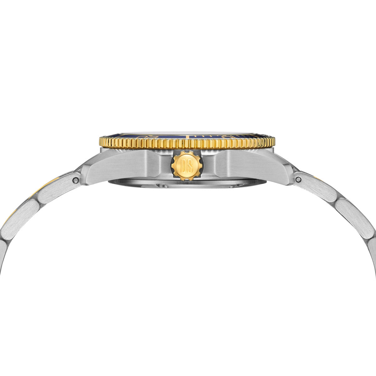 Side profile view of the Certina DS Action 34.5mm two-tone watch, showcasing a brushed stainless steel case, gold PVD screw-down crown with "DS" engraving, and a textured blue and gold unidirectional bezel. The sapphire crystal with anti-reflective coating ensures clarity. The stainless steel and gold PVD bracelet integrates smoothly with the case, enhancing both durability and elegance.