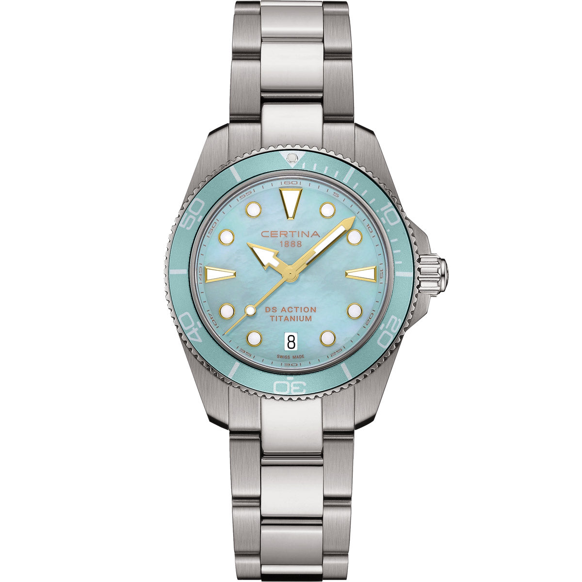 Close-up of the Certina DS Action 34.5mm titanium watch, featuring a light blue mother-of-pearl dial with gold-tone hands, Super-LumiNova-filled hour markers, and a turquoise unidirectional rotating bezel. The "Certina 1888" text is positioned below 12 o’clock, while "DS Action Titanium" is above 6 o’clock, alongside a date window at 6 o’clock. A screw-down crown enhances water resistance, and the brushed titanium bracelet ensures a lightweight, durable fit.