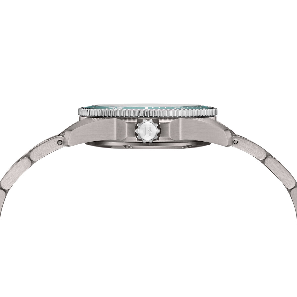 A side profile view of the Certina DS Action 34.5mm titanium watch, showcasing its brushed titanium case, screw-down crown, and unidirectional rotating bezel with a textured edge. The crown features the "DS" engraving and is positioned at 3 o’clock, enhancing water resistance. The slim profile of the case (10.3mm height) is visible, along with the slightly domed sapphire crystal with anti-reflective coating. The titanium bracelet’s curved links seamlessly integrate with the case for a comfortable fit.