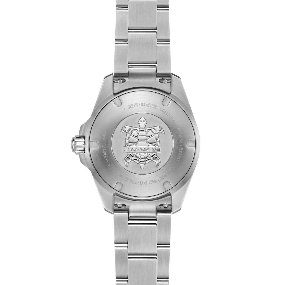 View of the Certina DS Action 34.5mm stainless steel watch case back, featuring an embossed Certina turtle logo at the center. Surrounding engravings include "Certina DS Action," "Stainless Steel," "Sapphire Crystal," and "Water-Resistant 300M (30 bar)". The brushed stainless steel bracelet with solid links integrates seamlessly with the case, while the screw-down crown on the left enhances durability.