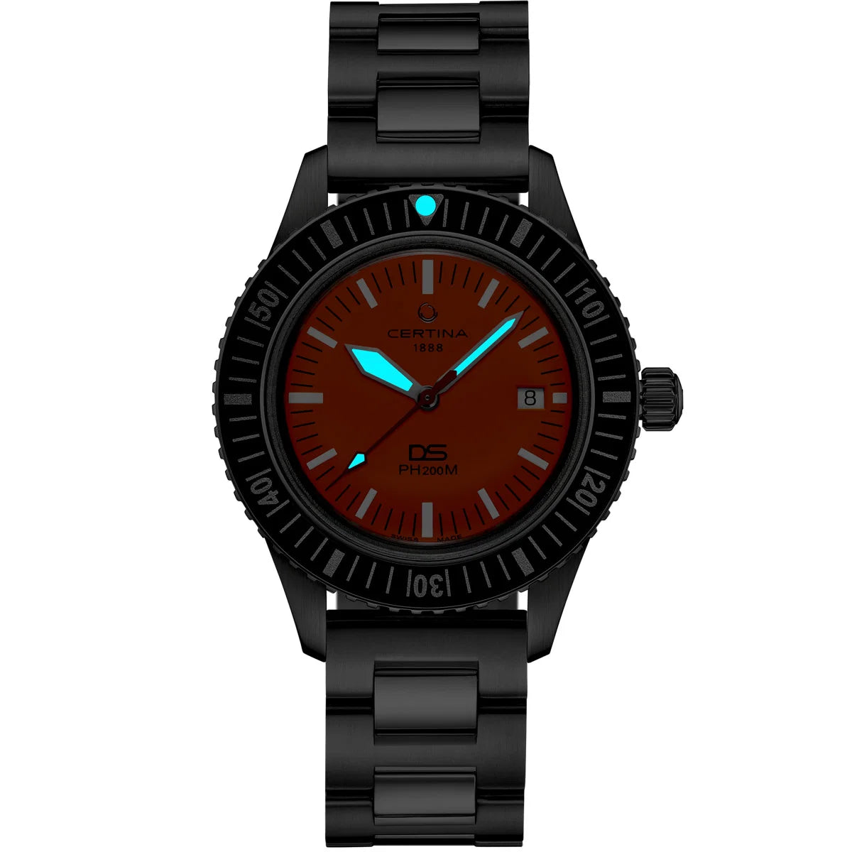 Certina DS PH200M Powermatic 80 Luxoia Special Edition — orange dial in low-light setting