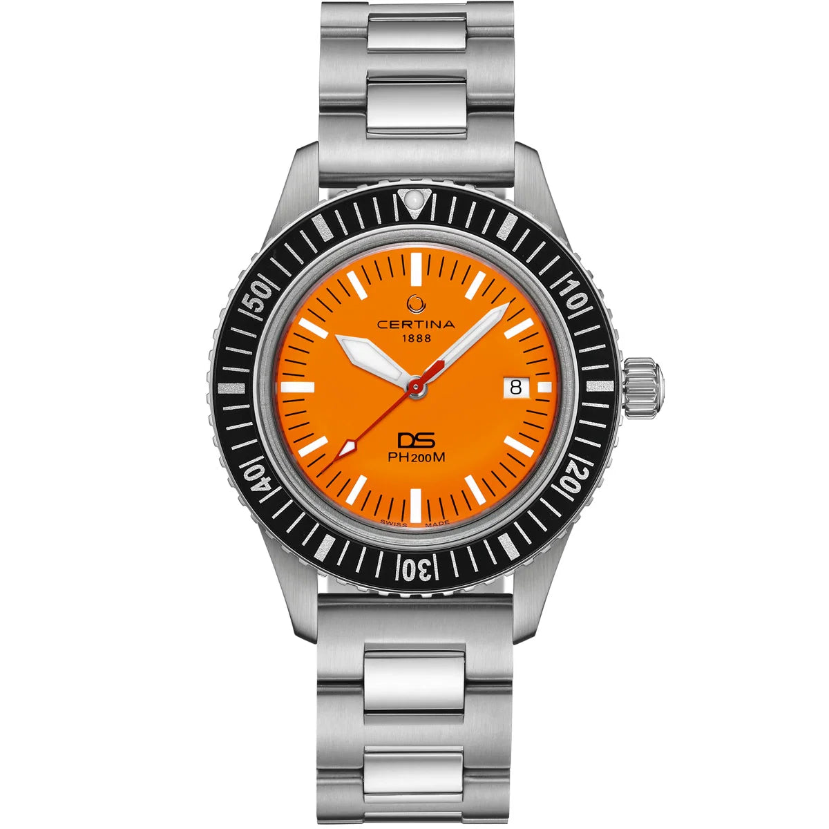 Certina DS PH200M Powermatic 80 Luxoia Special Edition — front view, orange dial with white and black indices