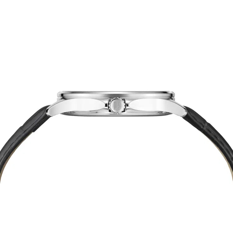 side view of certina ds-8 gent men’s watch c045.410.16.032.00 with slim stainless steel case, polished bezel, sapphire crystal, and ds-engraved crown on black leather strap