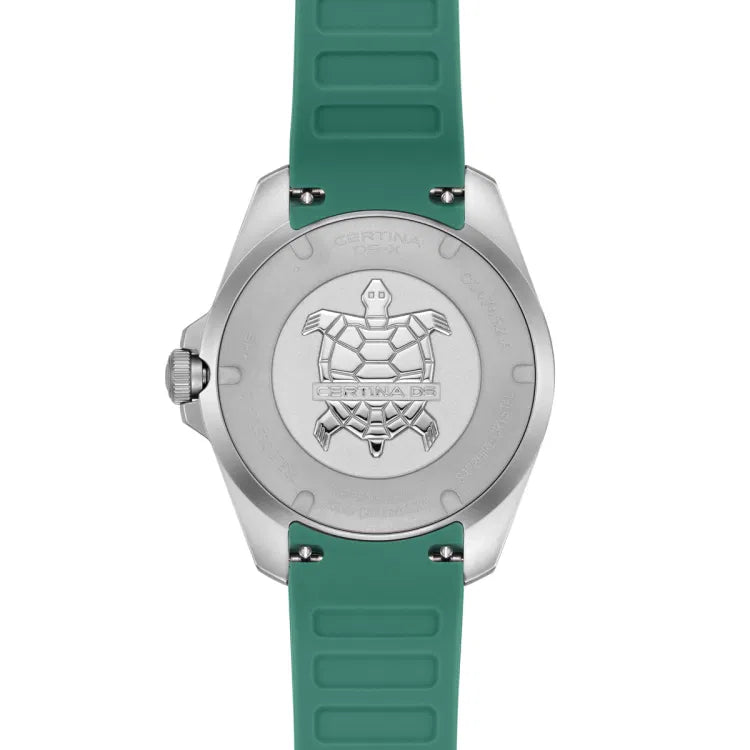certina ds-x gmt c047.452.17.081.00 caseback with turtle emblem and green rubber strap, swiss made stainless steel design