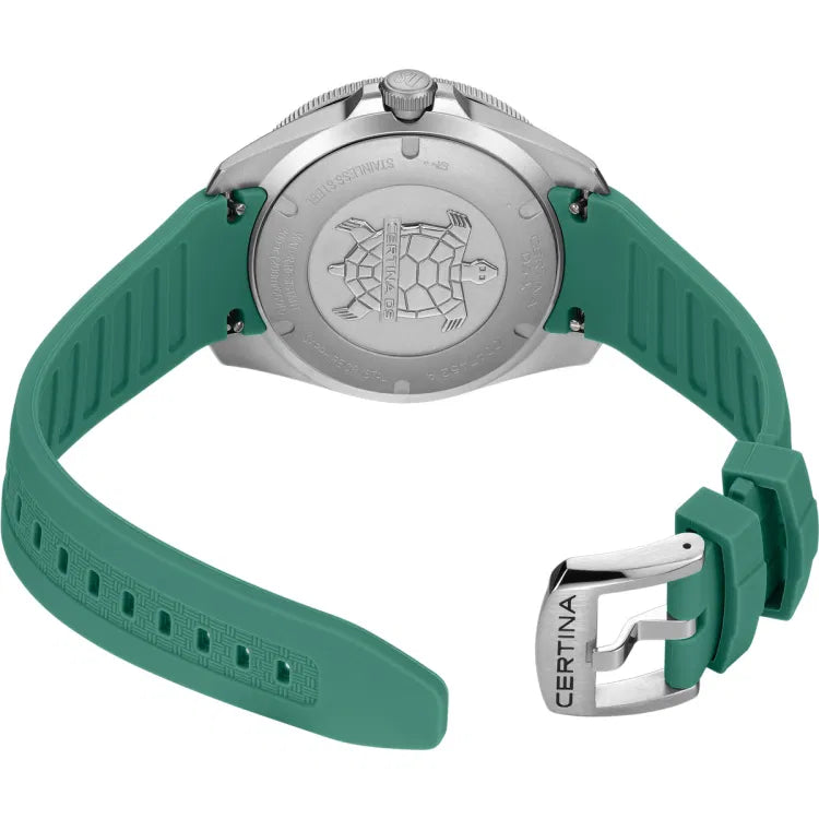 certina ds-x gmt c047.452.17.081.00 green rubber strap with stainless steel buckle and caseback turtle engraving, swiss made watch