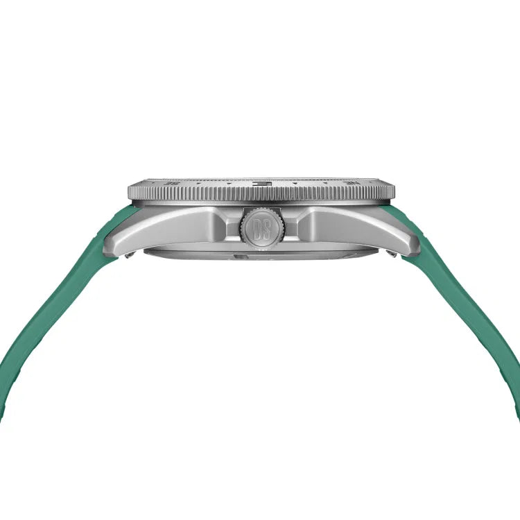 certina ds-x gmt c047.452.17.081.00 side view showing brushed stainless steel case, green rubber strap, and engraved ds crown