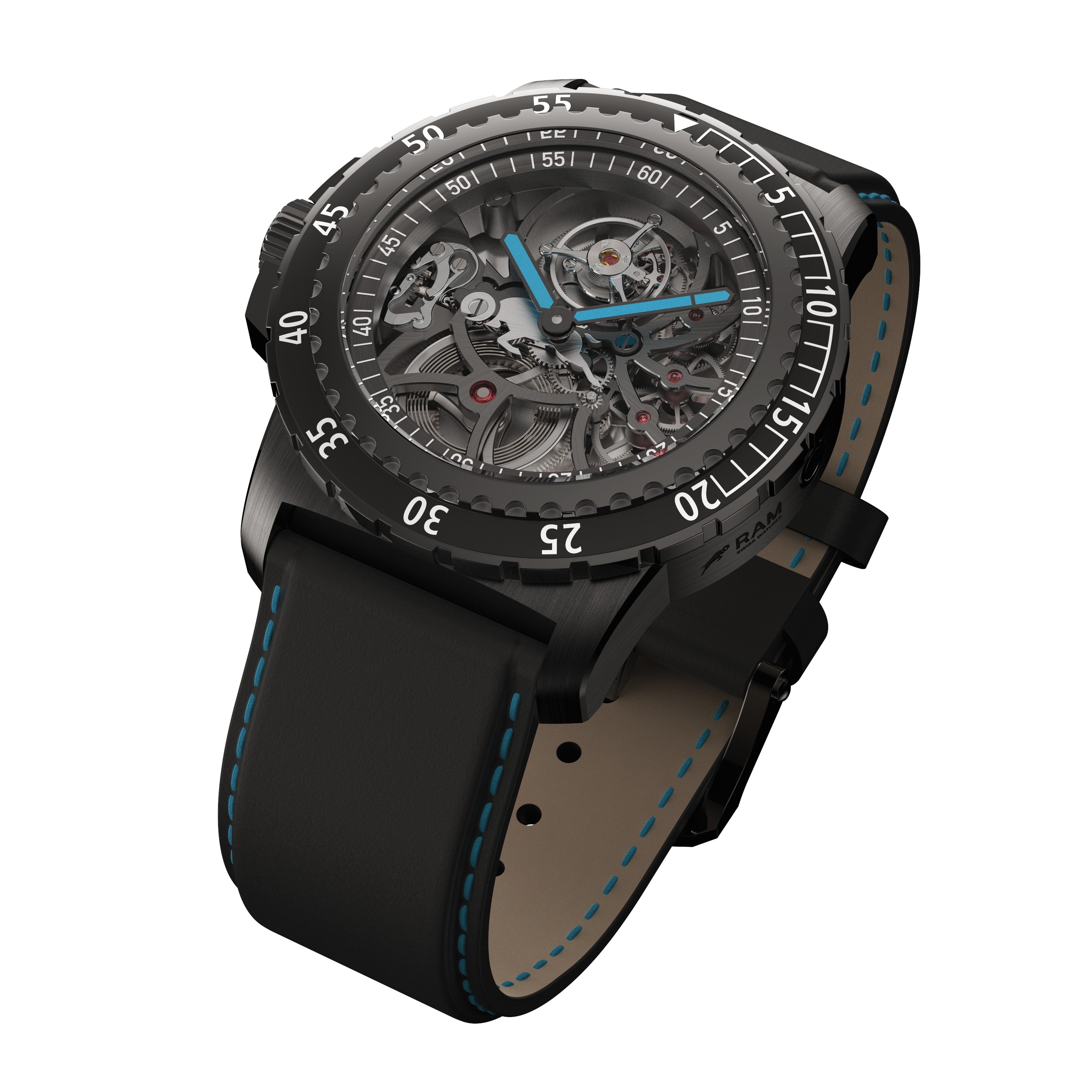 RAM Baran Tourbillon R201TS4/1 Swiss watch right side angle view showing PVD coated case, crown detail, and black leather strap