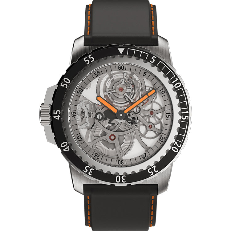 RAM Baran Tourbillon R201TS3/1 Swiss skeleton tourbillon watch with black case, unidirectional bezel, sapphire crystal, open-worked mechanical movement, luminous orange hands, and black leather strap with orange stitching