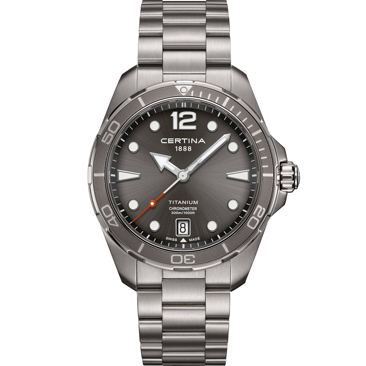 Certina DS Action watch model C032.451.44.087.00, featuring a sleek stainless steel case and bracelet, sleek anthracite dial with luminous hour markers, and a date window at the 6 o'clock position. A robust and stylish dive watch with a unidirectional bezel and water resistance up to 300 meters