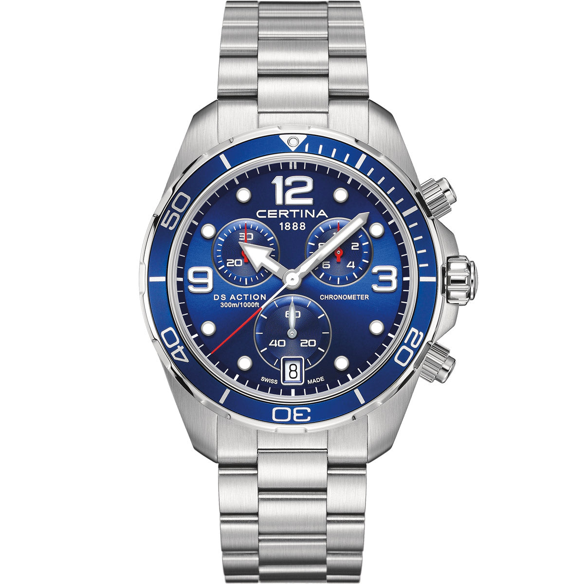 Certina DS Action Chronograph C032.434.11.047.00, a stainless steel dive watch with a blue dial, Super-LumiNova-coated hands and indices, and a unidirectional rotating bezel. Features a quartz chronograph movement with precise stopwatch functionality, water resistance up to 300 meters (30 bar), and Certina’s DS (Double Security) system for enhanced durability and protection. Ideal for both diving and sports enthusiasts