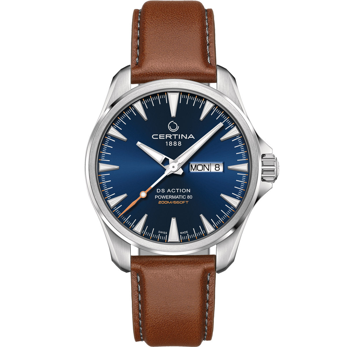 Men's Certina DS Action Day-Date Powermatic 80 watch, featuring a stainless steel case and brown leather bracelet, a sleek blue dial with day and date displays at 3 o'cklock, and automatic Powermatic 80 movement with an 80-hour power reserve. Water-resistant up to 200 meters (20 bar) and equipped with Certina’s DS (Double Security) system for durability and reliability. A versatile timepiece for everyday and adventure wear.